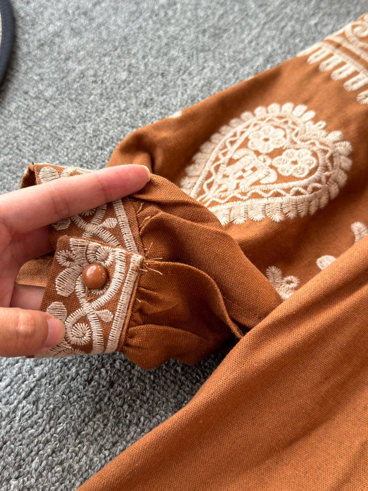 Bohemian embroidered mini dress in linen for women – ARIANA