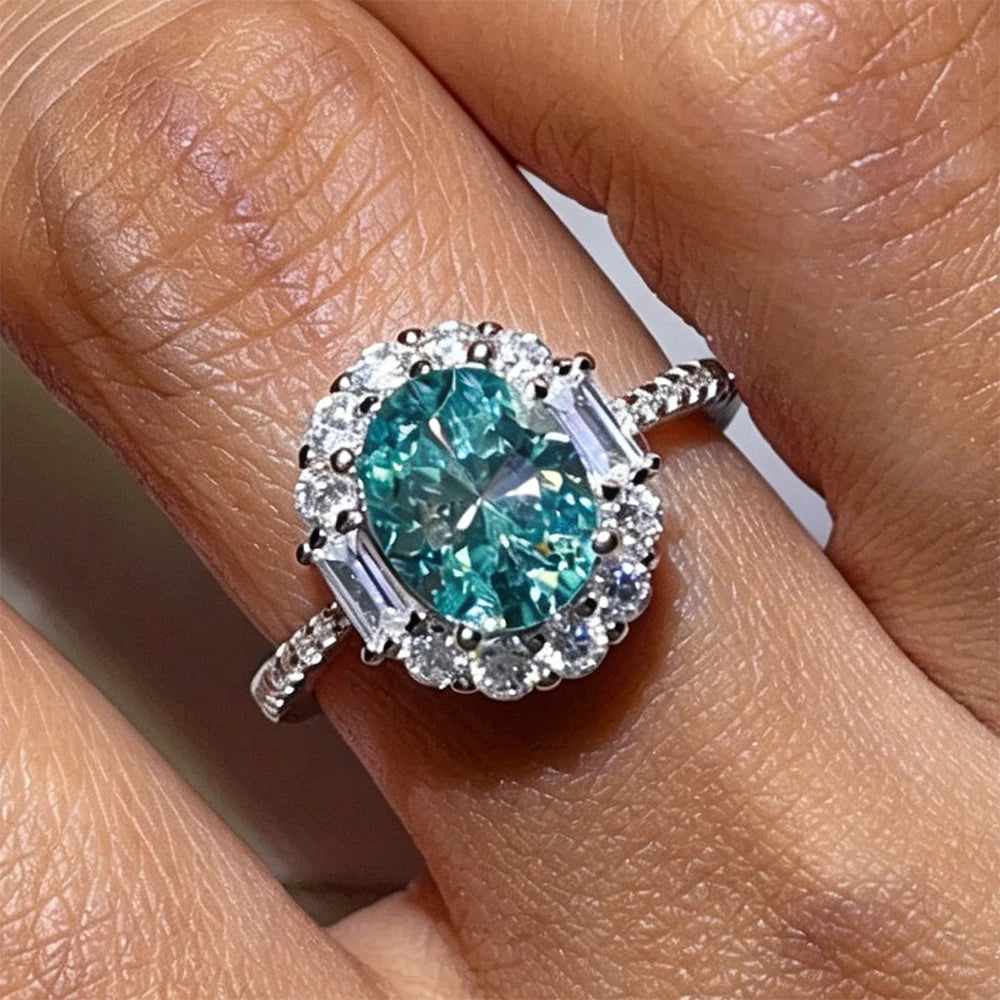 925 silver ring with paraiba-green moissanite for women