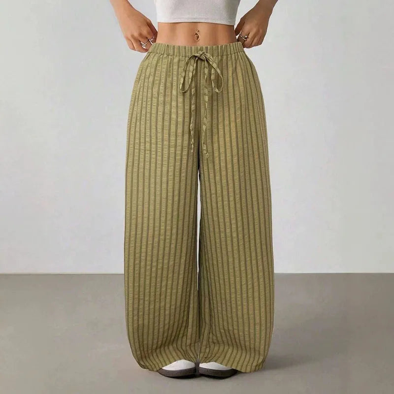 Wide-leg pants with stripes and drawstring waist for women