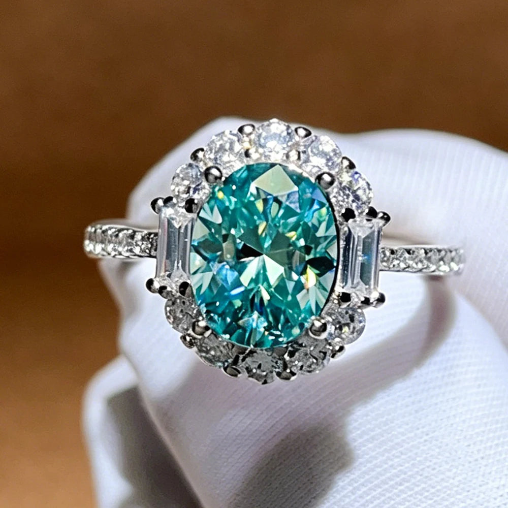 925 silver ring with paraiba-green moissanite for women