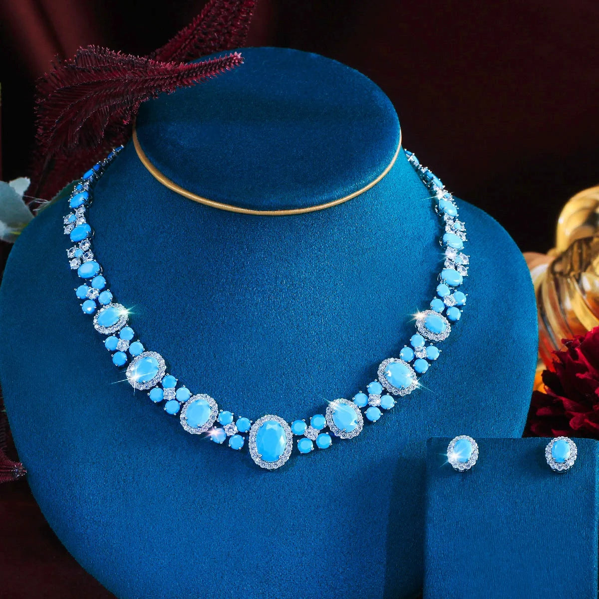 Turquoise pavé bridal necklace and earring set for women – ARIANA