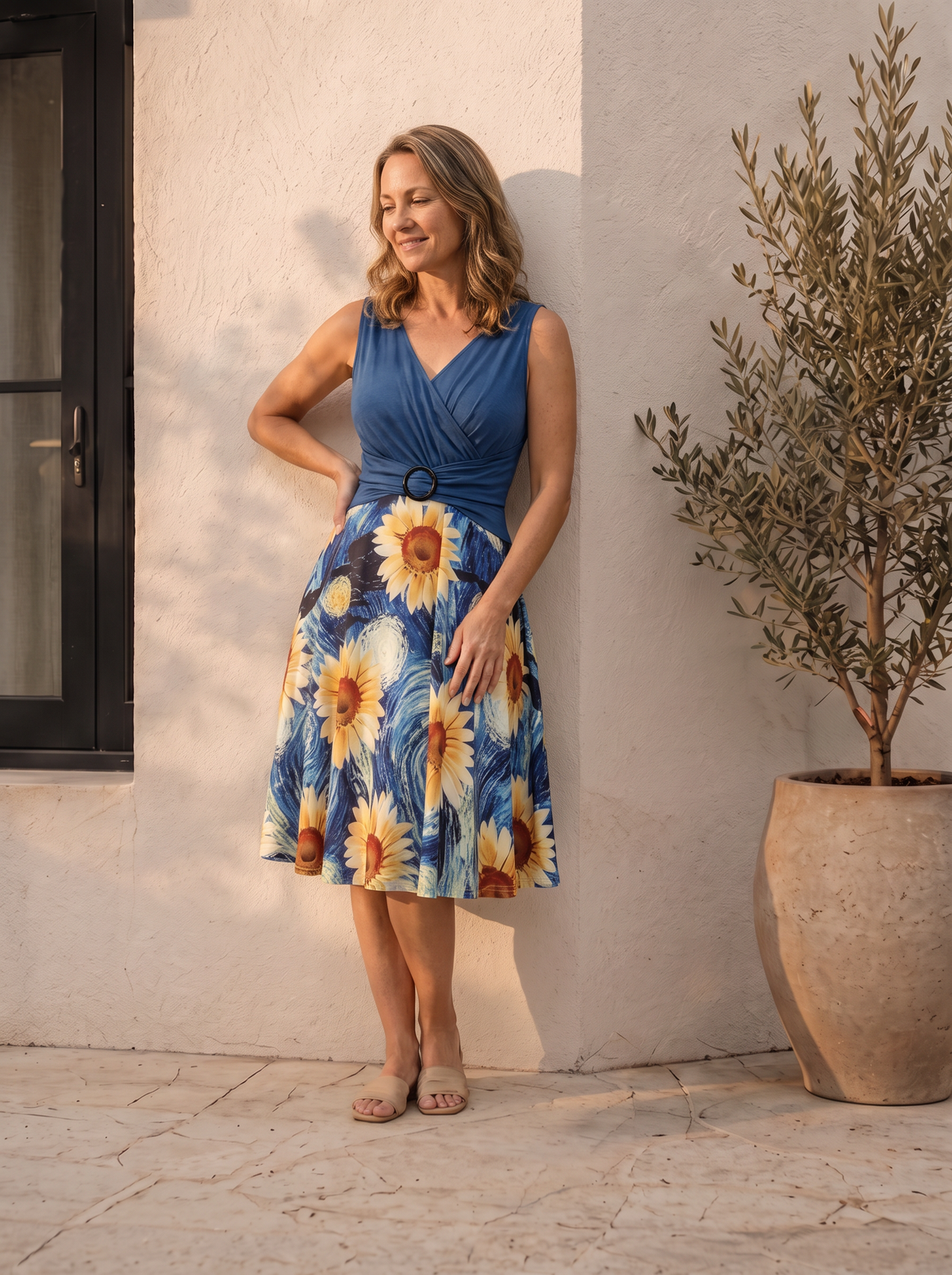 Wrap V-neck midi dress in polyester with waist buckle for women – ARIANA