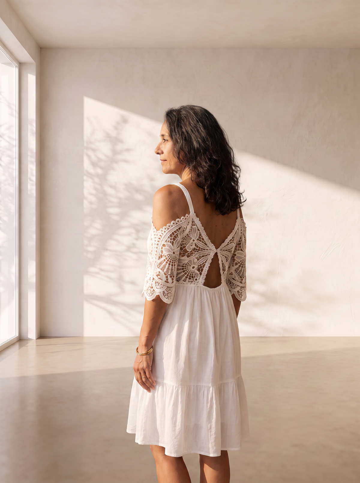 Ruffle-trimmed mini dress in crochet lace for women