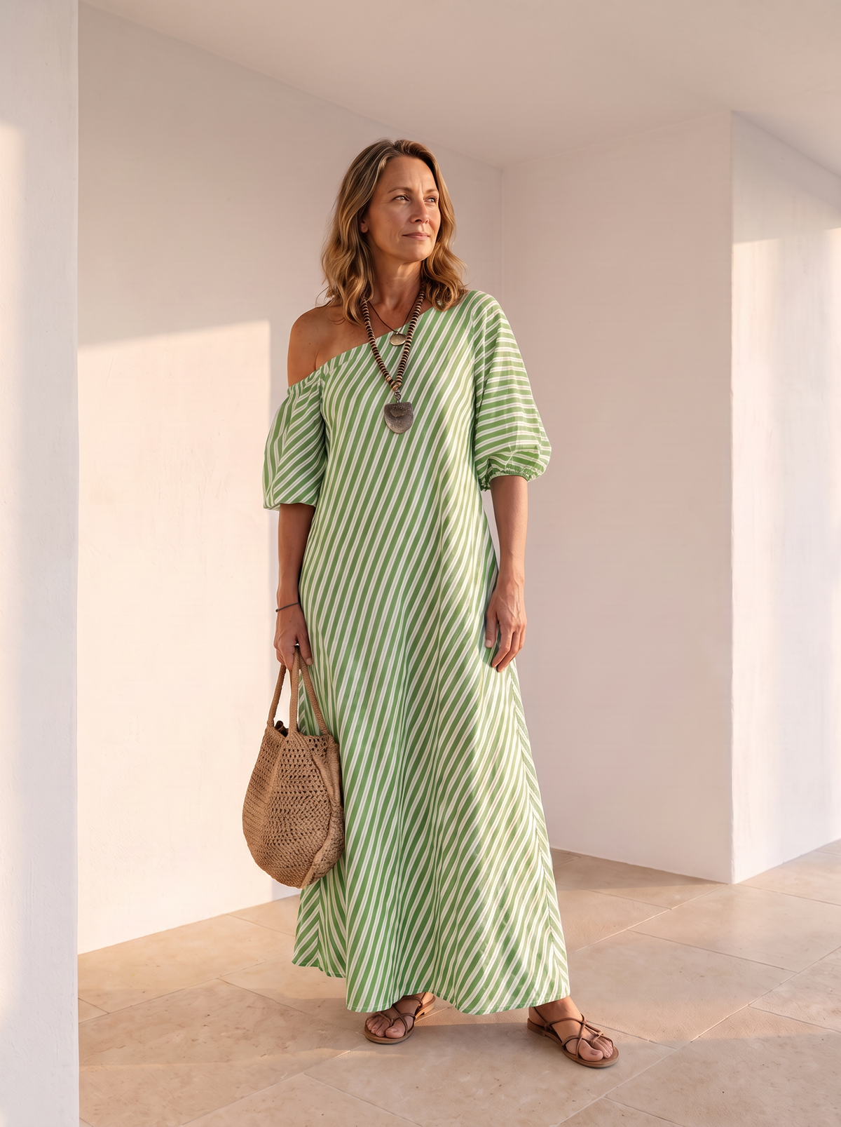 Striped maxi dress with one-shoulder neckline for women