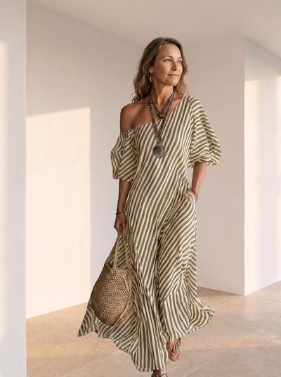 Striped maxi dress with one-shoulder neckline for women