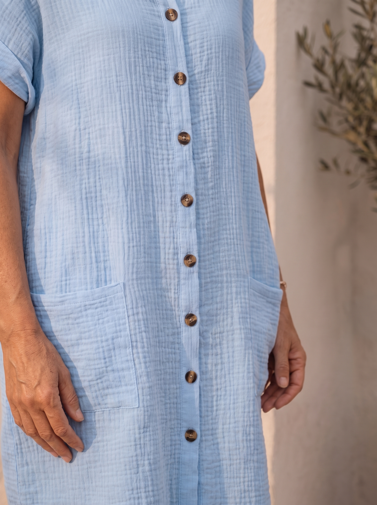 Linen mini dress with V-neckline for women