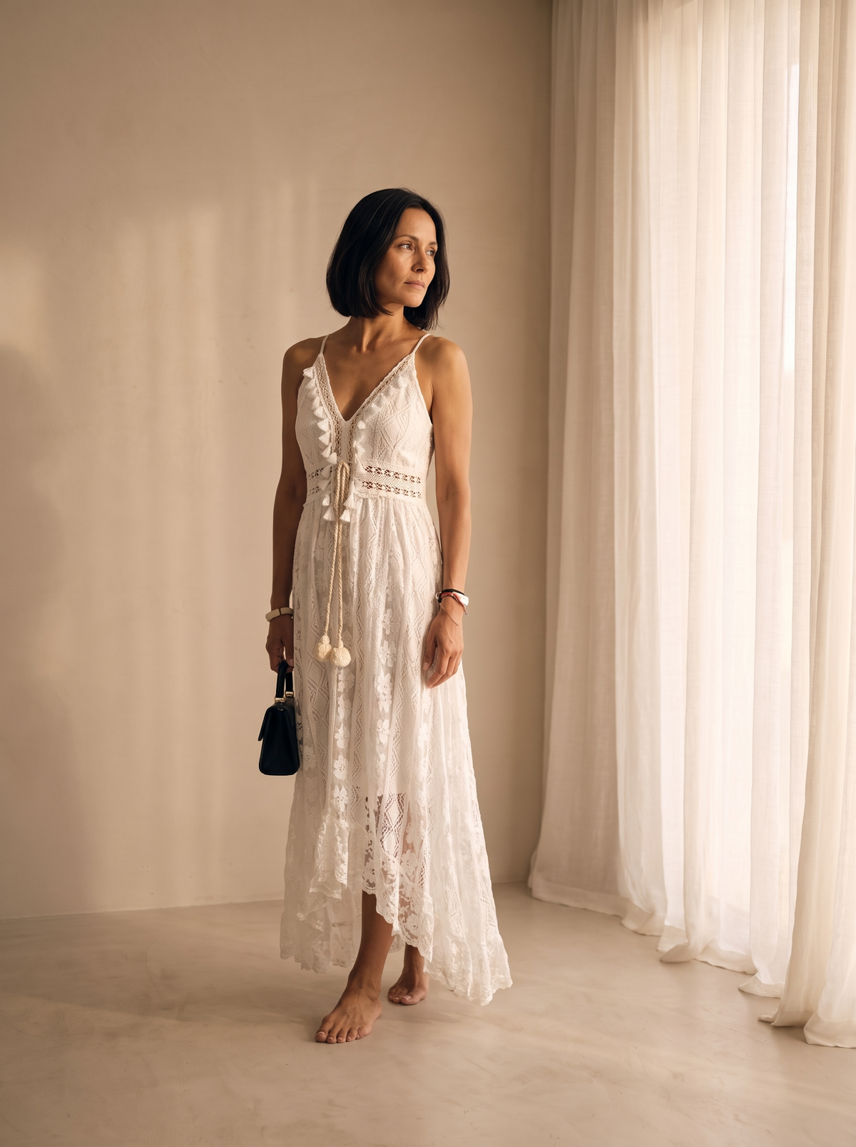 White lace dress with ruffle trim for women – ARIANA