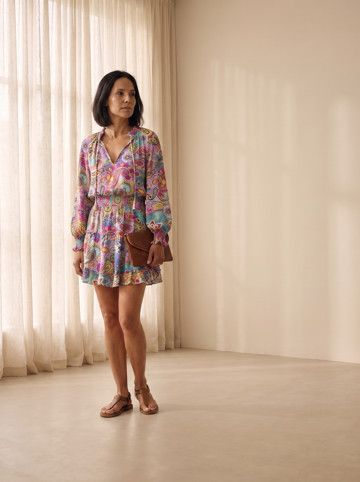 Print dress with cinched waist for women – ARIANA