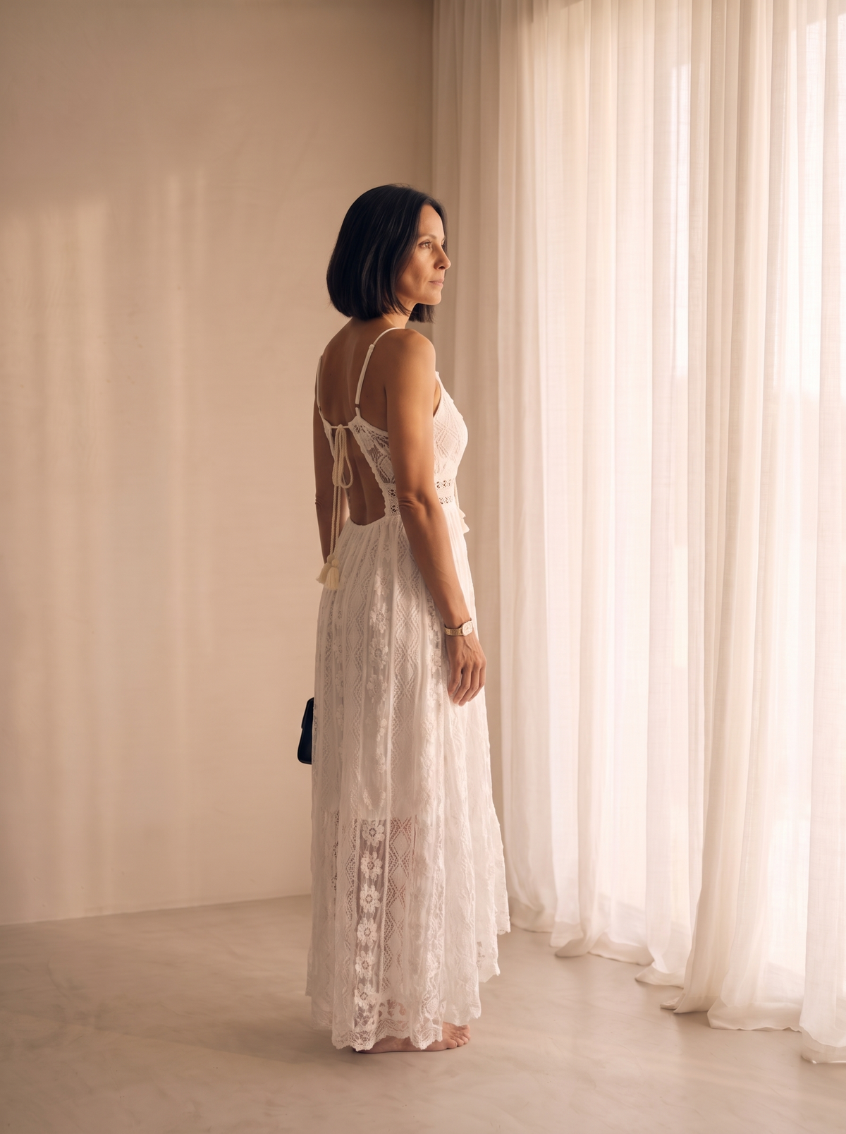 Ruffle-trimmed white lace dress for women