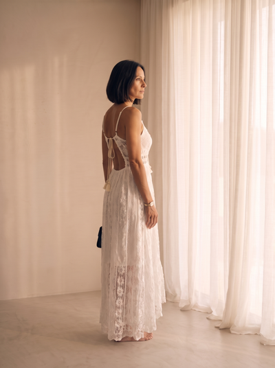 Ruffle-trimmed white lace dress for women