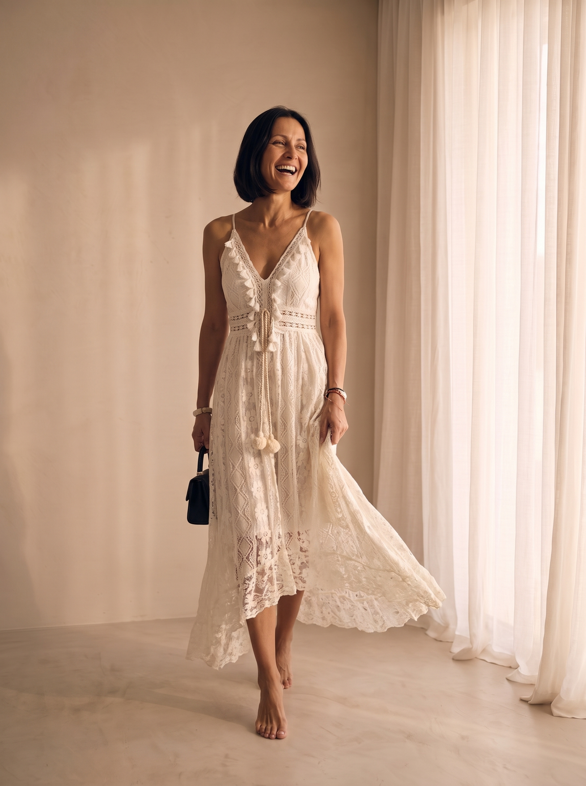 White lace dress with ruffle trim for women – ARIANA
