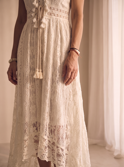 Ruffle-trimmed white lace dress for women