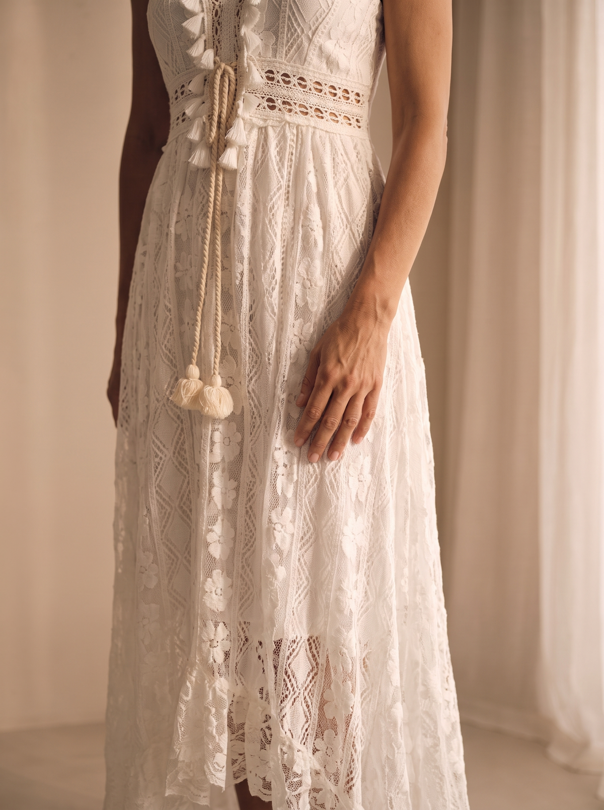 Ruffle-trimmed white lace dress for women