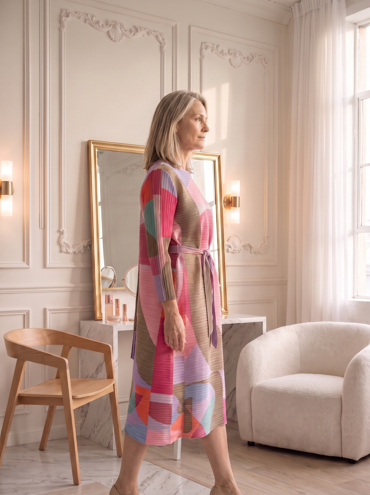 Pleated dress with geometric pattern for women