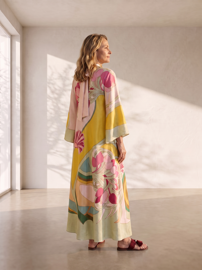 Satin maxi dress with abstract floral print for women