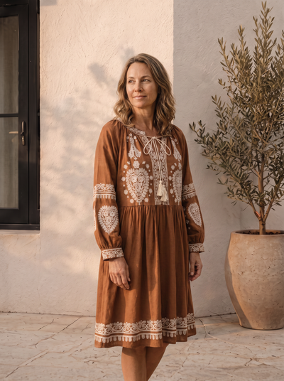 Bohemian embroidered mini dress in linen for women – ARIANA