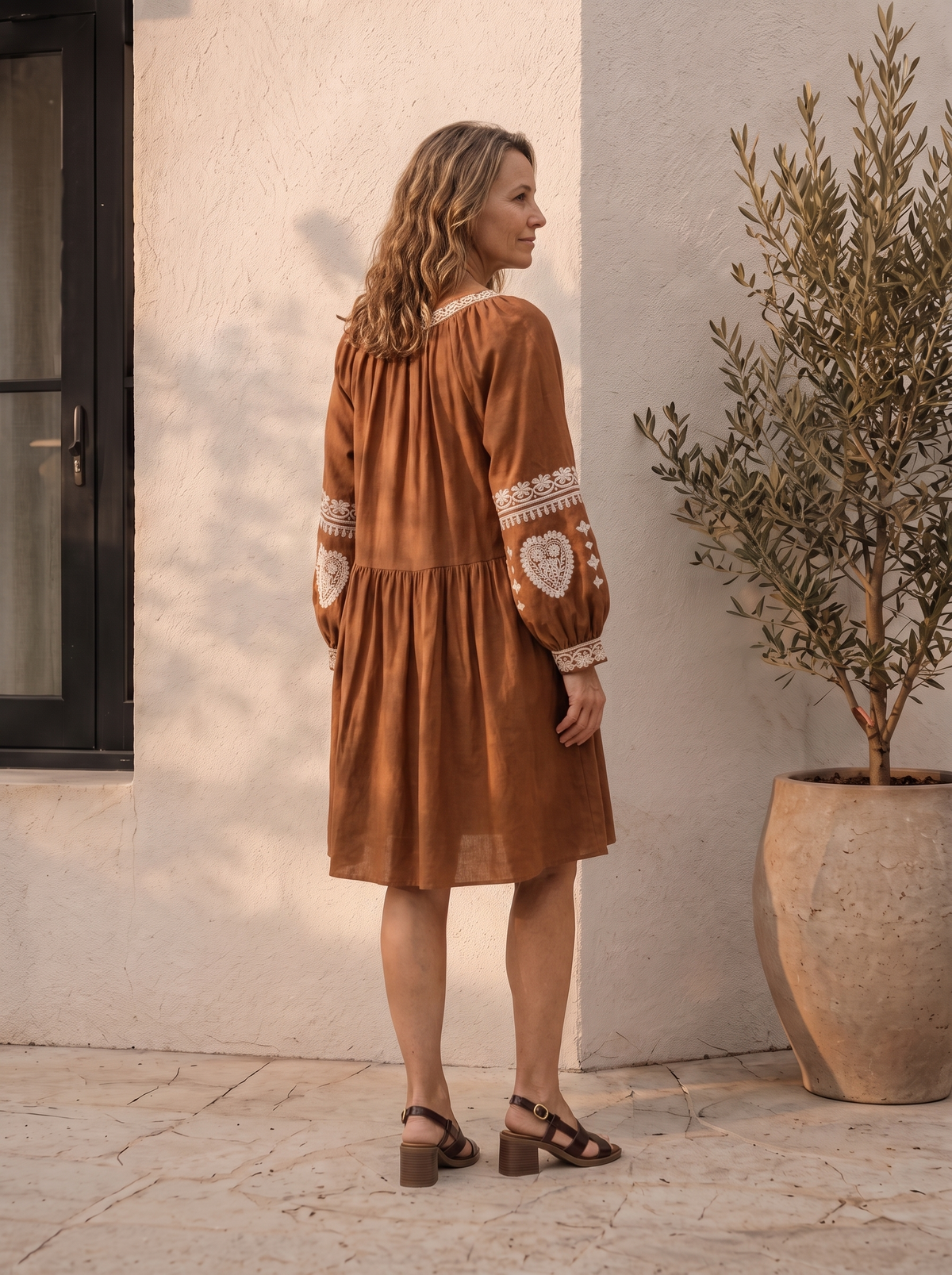 Embroidered linen mini dress for women