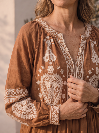 Embroidered linen mini dress for women