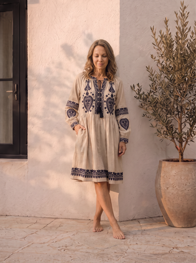 Embroidered linen mini dress for women