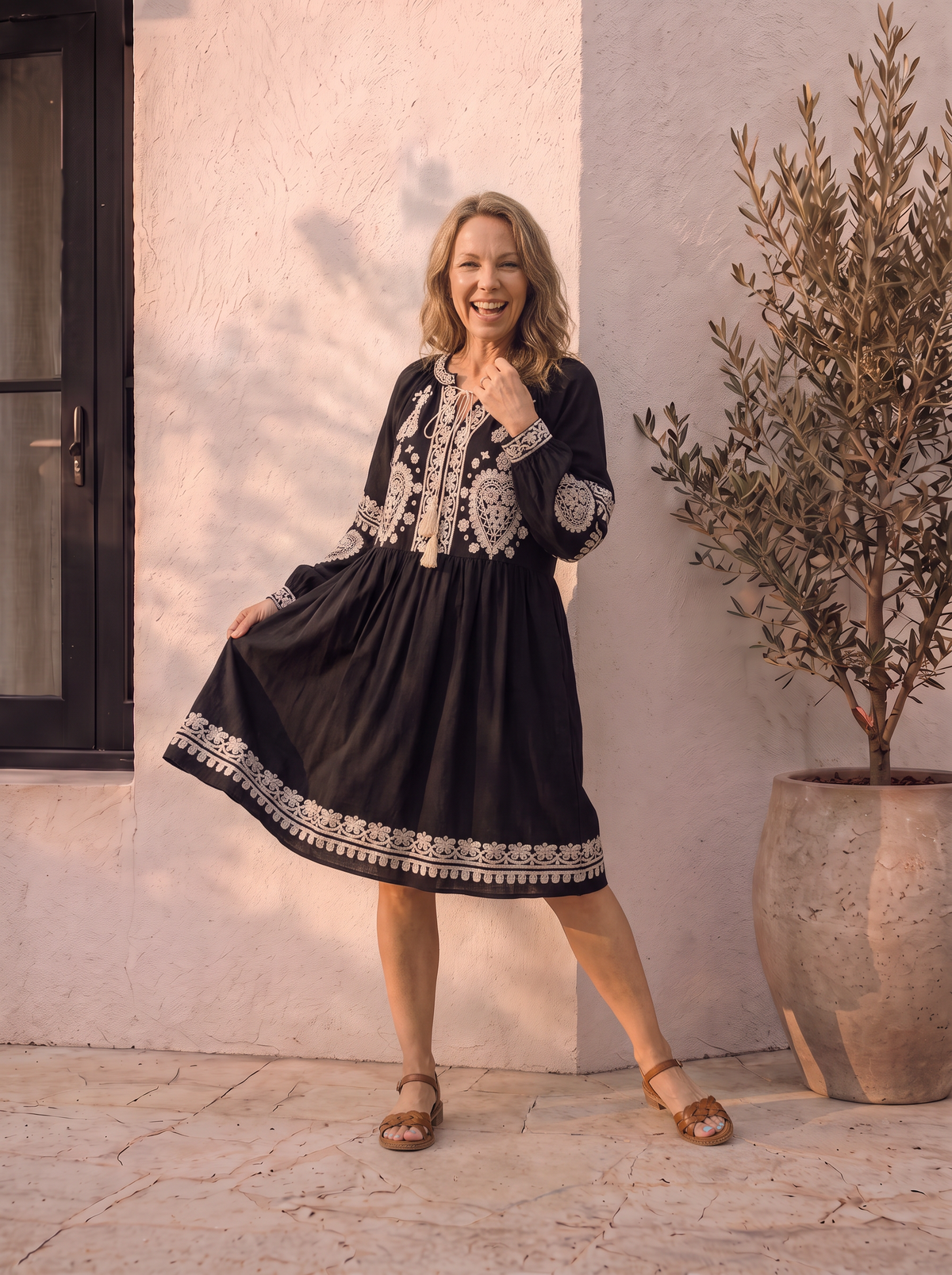 Bohemian embroidered mini dress in linen for women – ARIANA