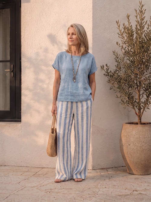Bohemian linen top and pants set for women – ARIANA