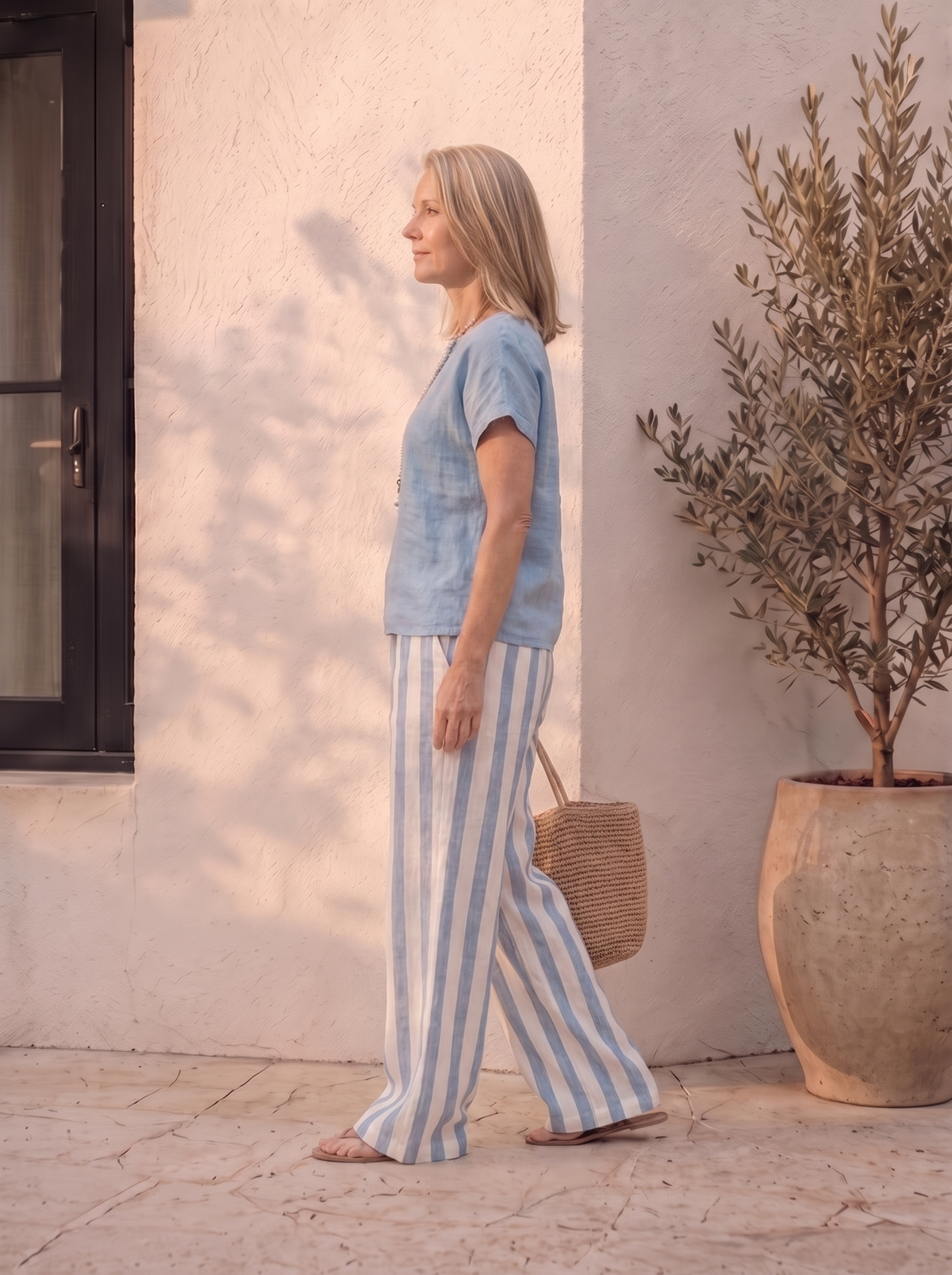 Linen two-piece set with bohemian print for women