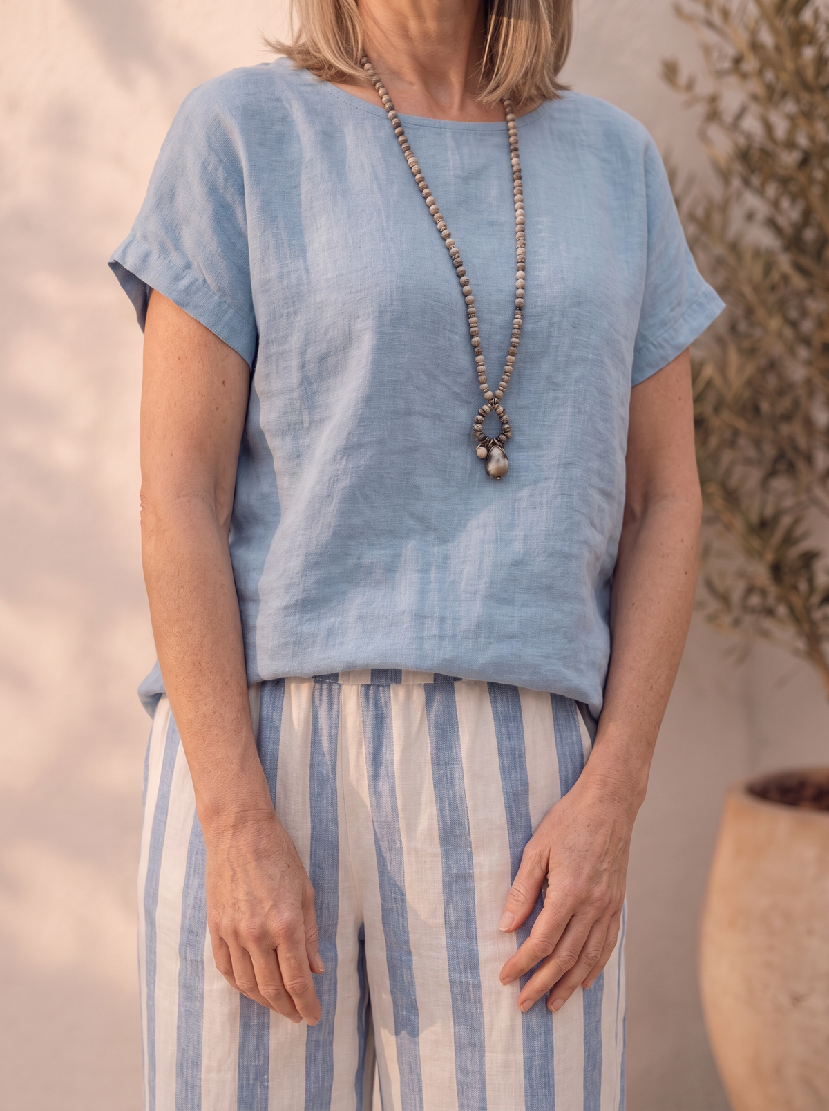 Linen two-piece set with bohemian print for women