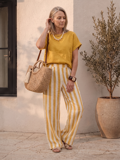 Linen two-piece set with bohemian print for women