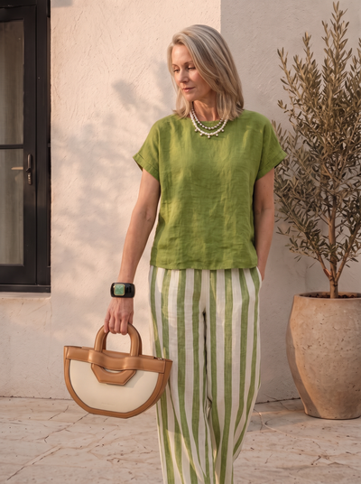 Linen two-piece set with bohemian print for women
