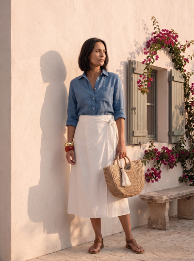 Two-piece set with lapel-collar top and skirt for women