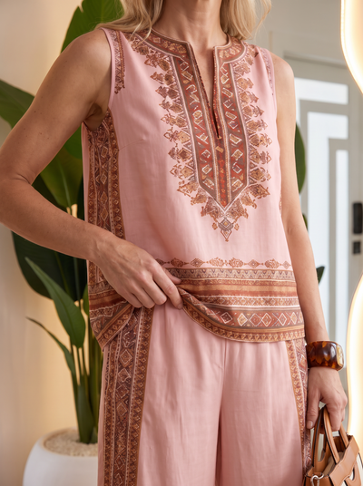 Two-piece set with retro print and wide-leg trousers for women