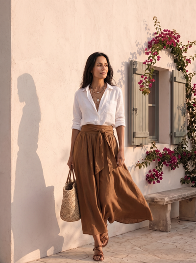 Two-piece set with lapel-collar top and skirt for women