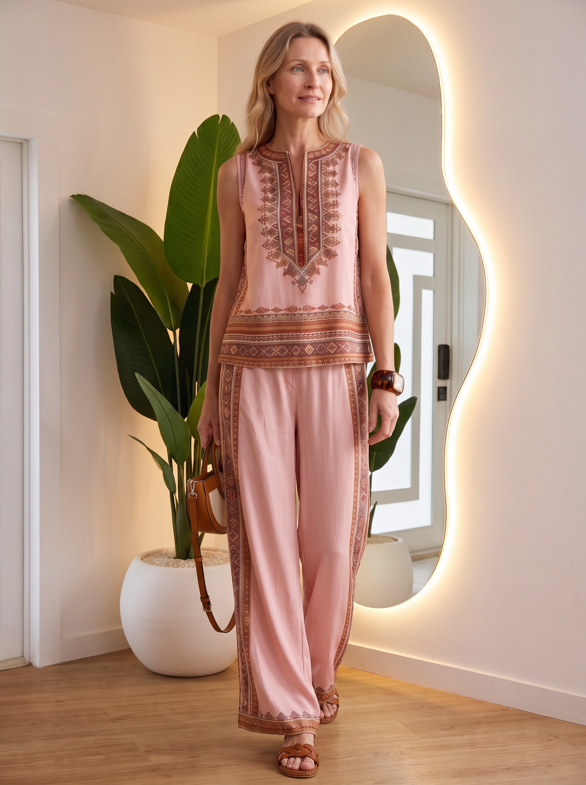 Retro print wide-leg two-piece set for women – ARIANA