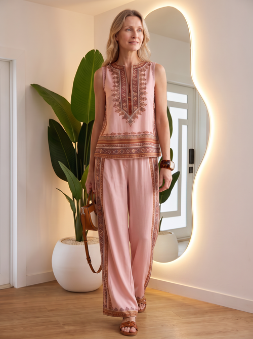 Retro print wide-leg two-piece set for women – ARIANA