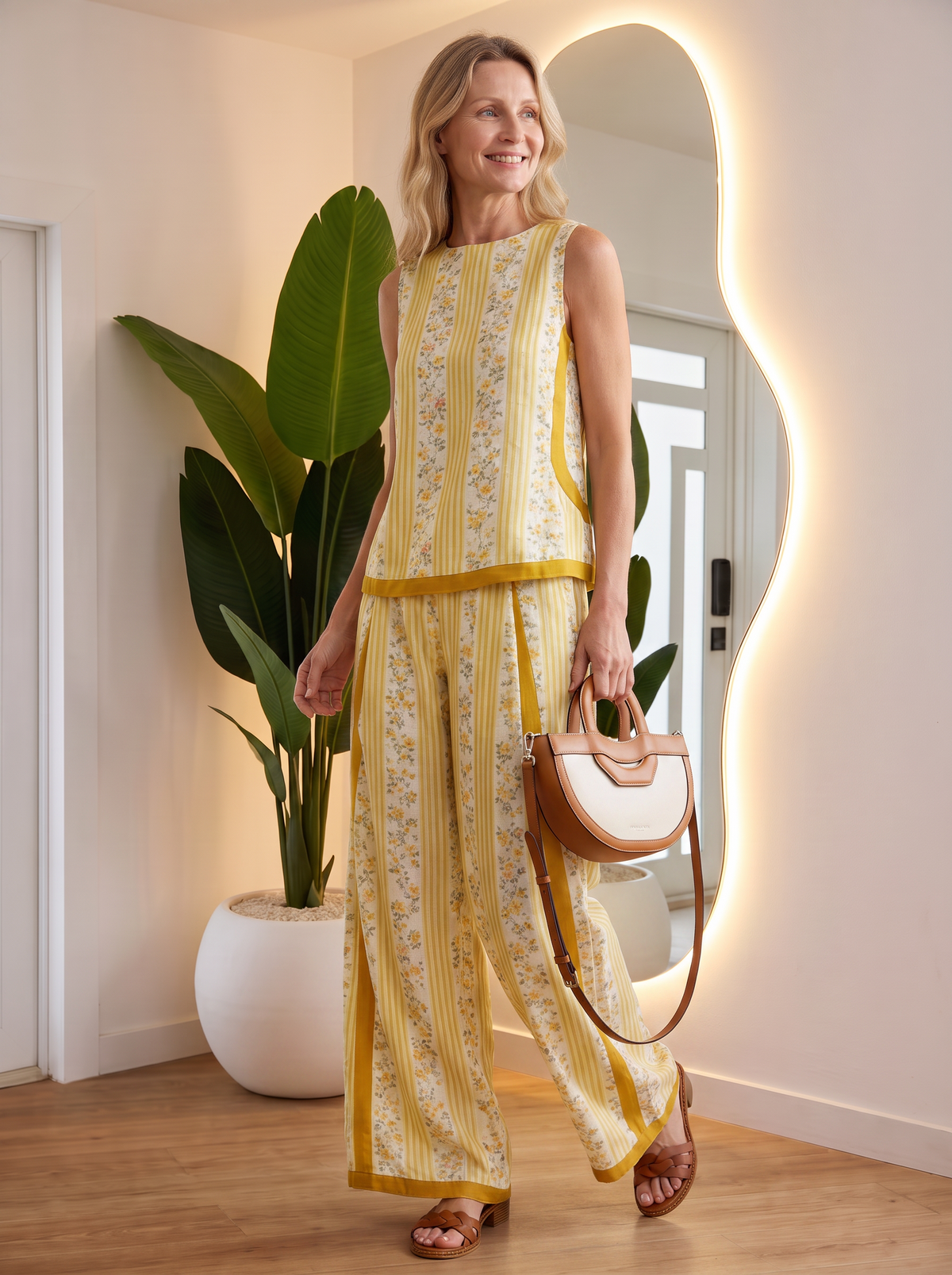 Retro print wide-leg two-piece set for women – ARIANA