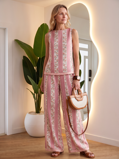 Retro print wide-leg two-piece set for women – ARIANA