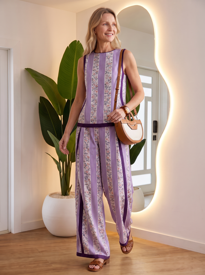 Two-piece set with retro print and wide-leg trousers for women