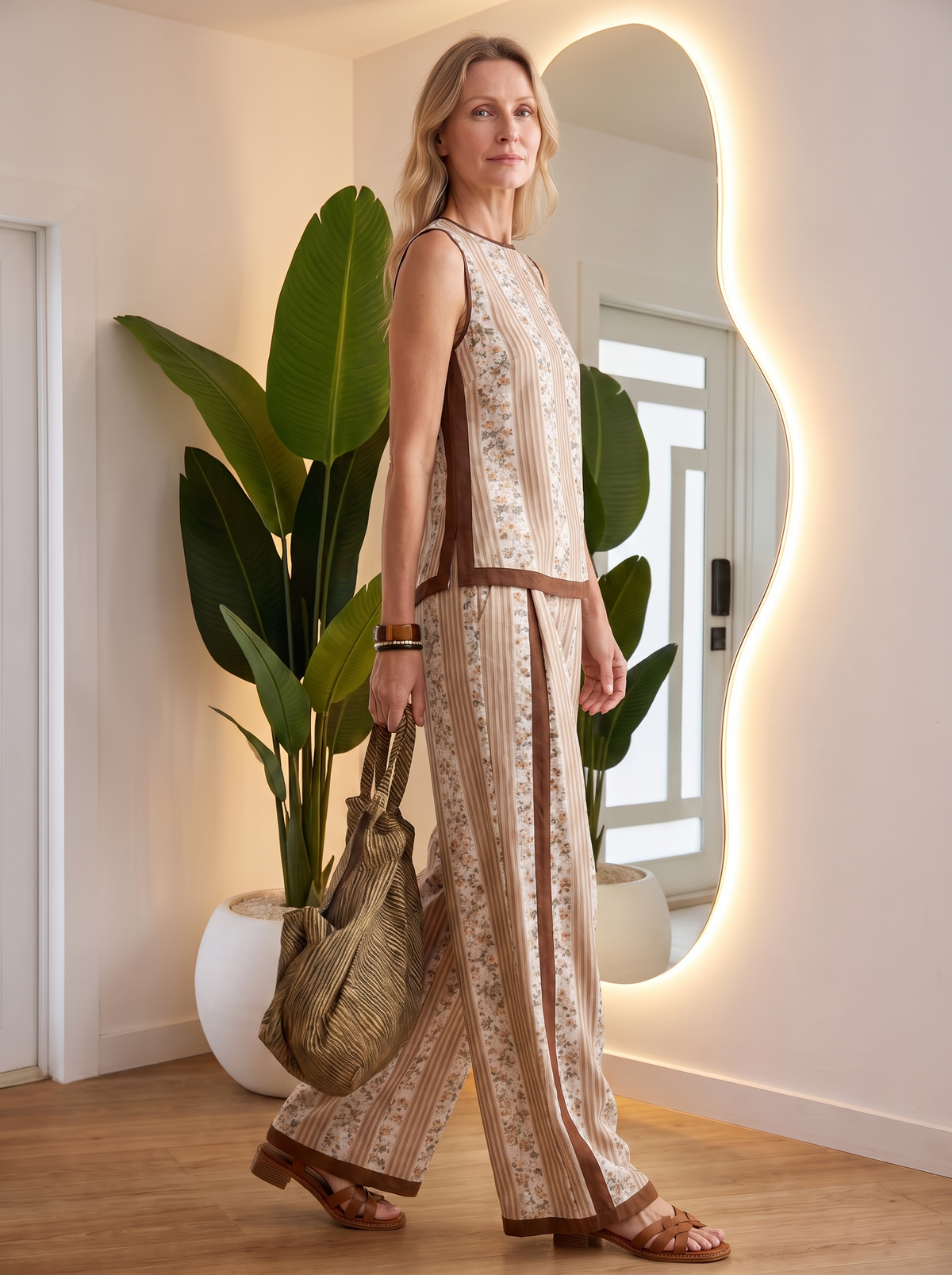 Two-piece set with retro print and wide-leg trousers for women