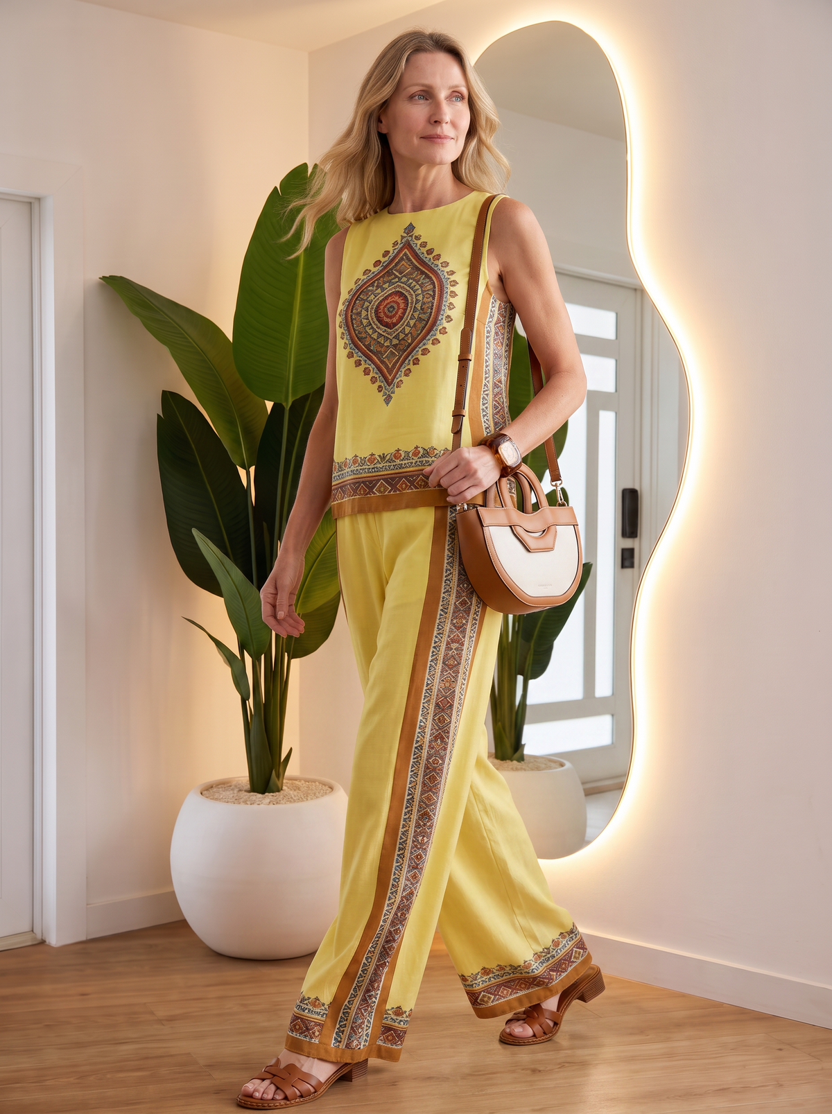 Two-piece set with retro print and wide-leg trousers for women