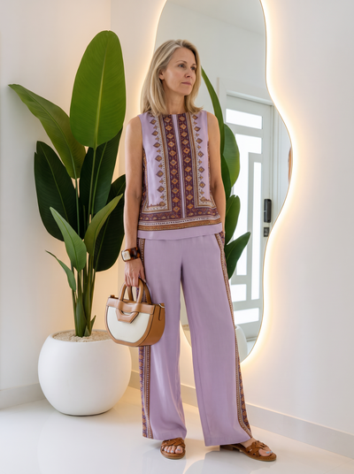 Two-piece set with retro print and wide-leg trousers for women