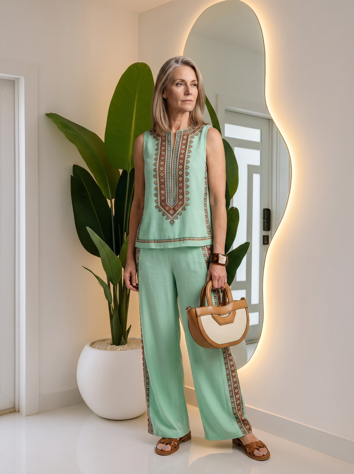 Retro print wide-leg two-piece set for women – ARIANA