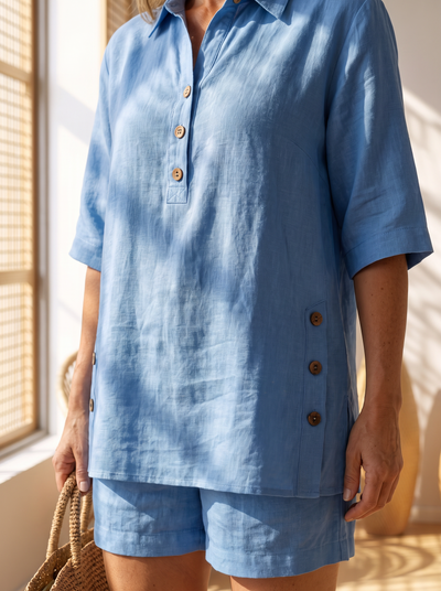 Two-piece set with lapel-collar shirt and shorts for women