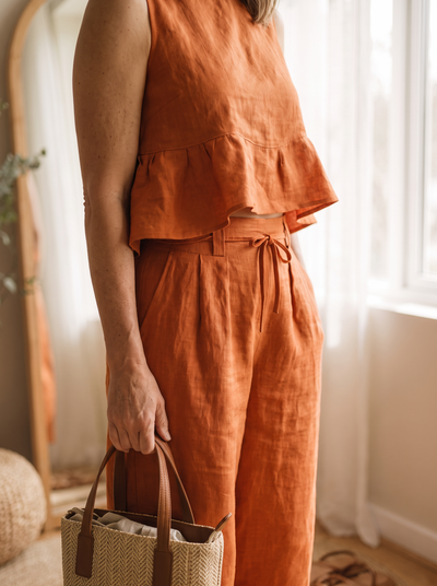 Two-piece set with ruffle tank top and wide-leg trousers for women