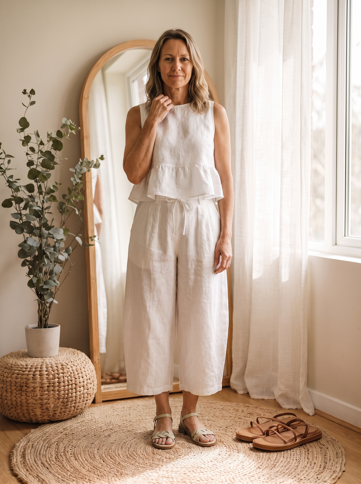 Two-piece set with ruffle tank top and wide-leg trousers for women