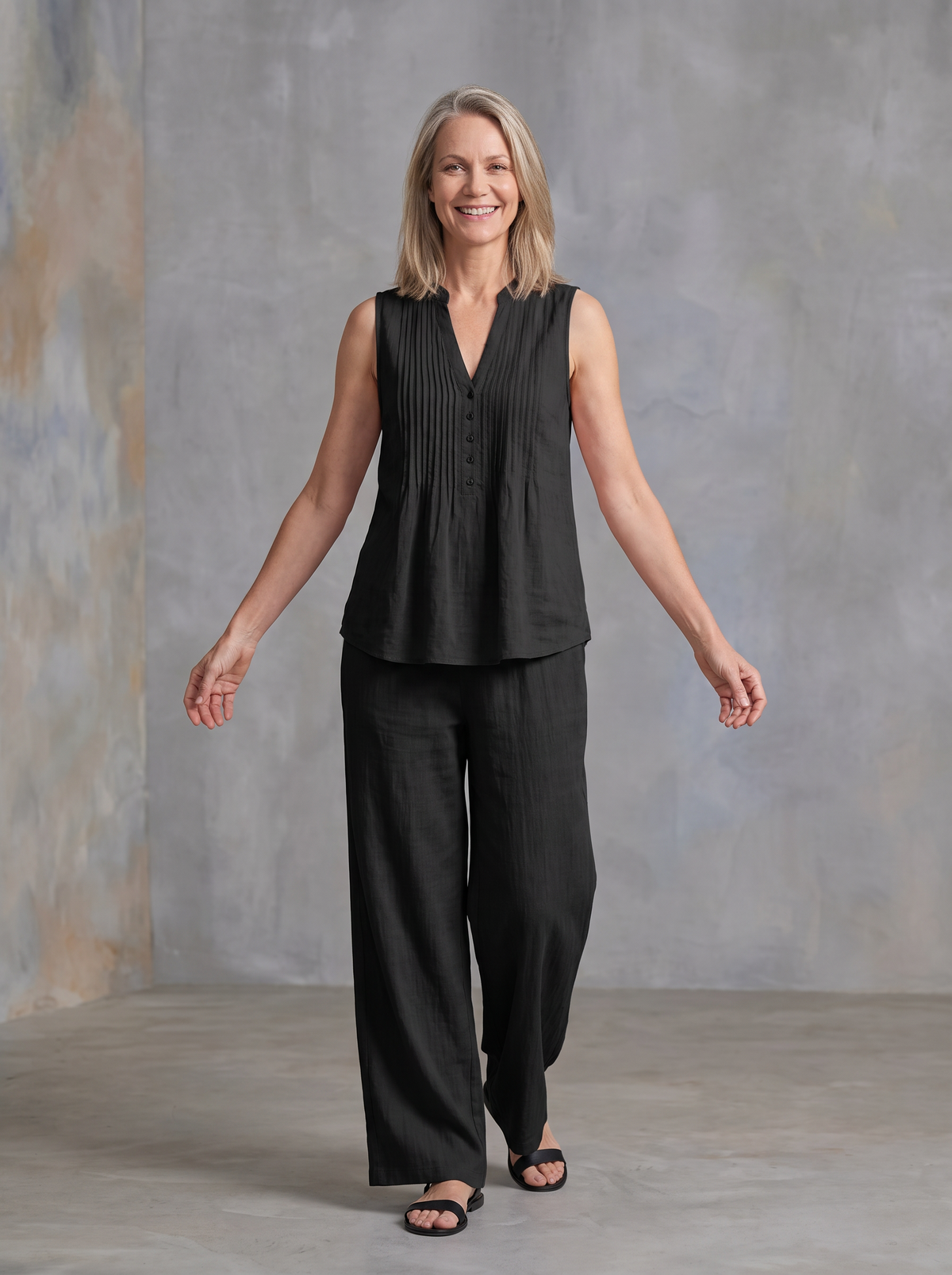 Two-piece set with draped top and wide-leg pants for women