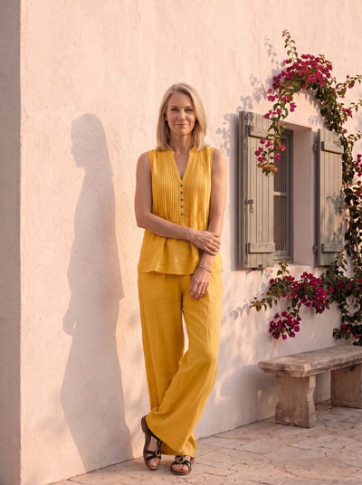 Draped top and wide-leg pants set for women – ARIANA