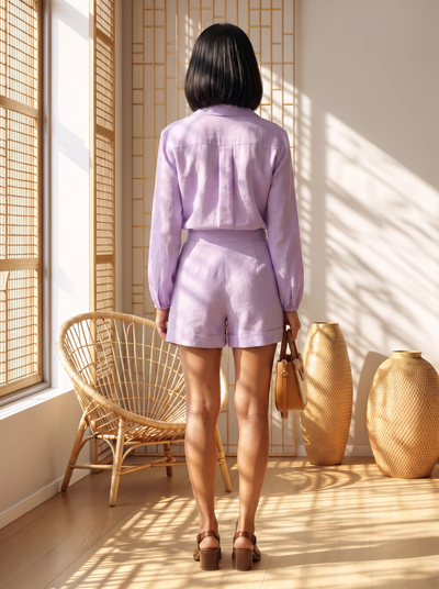 Two-piece set with puff-sleeve shirt and shorts for women