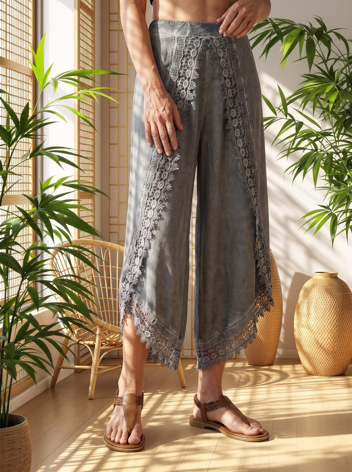Harem pants with lace and wide leg for women