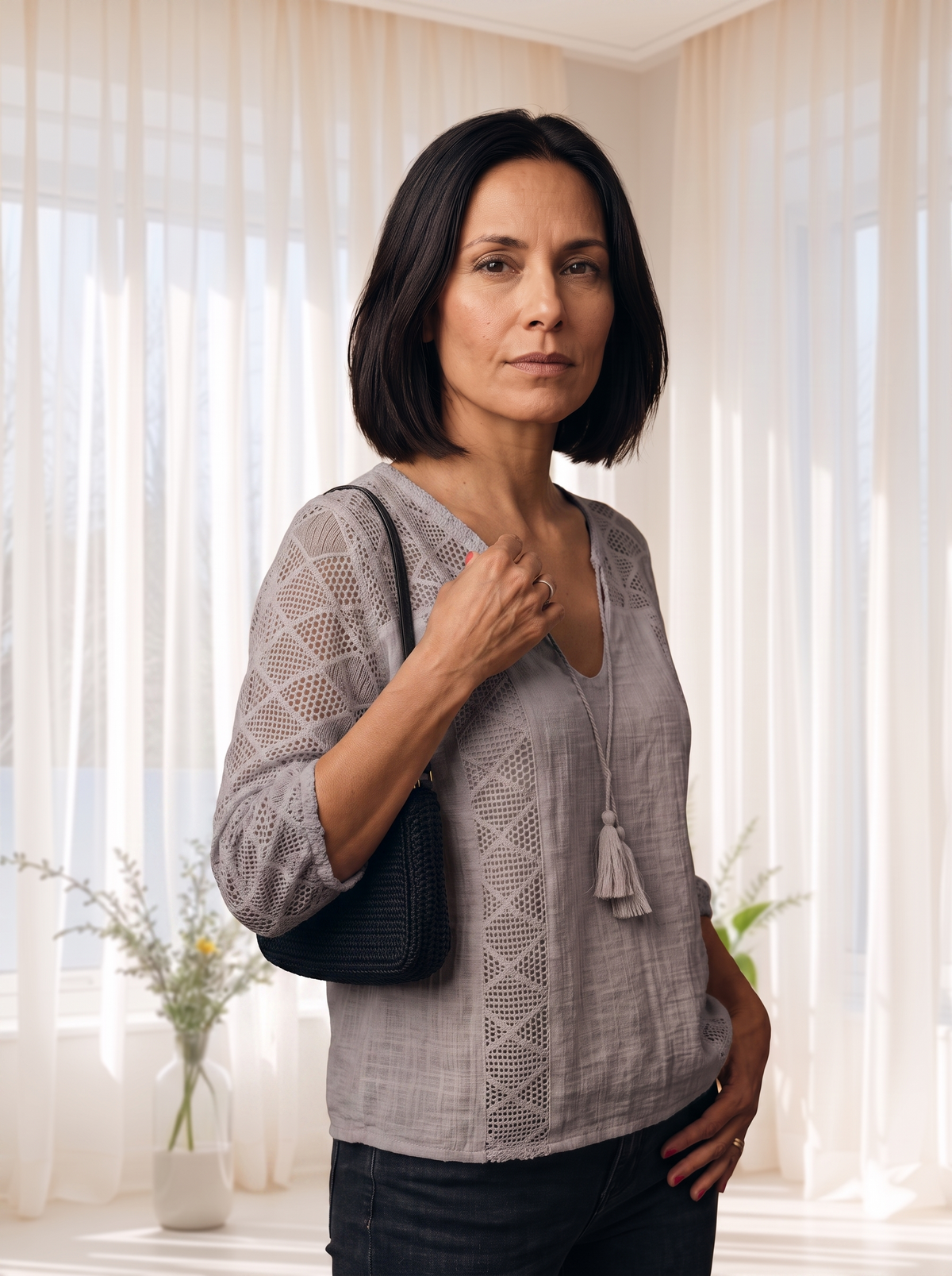 Tassel-trimmed crochet top for women