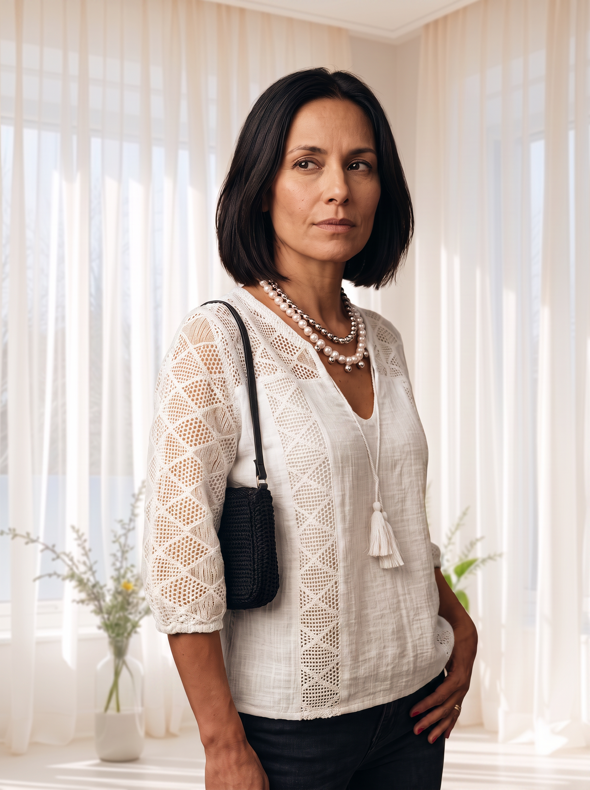 Tassel-trimmed crochet top for women